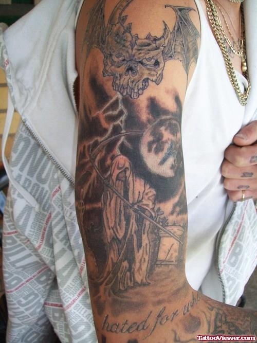 Grey Ink Graveyard Tattoo On Right Sleeve