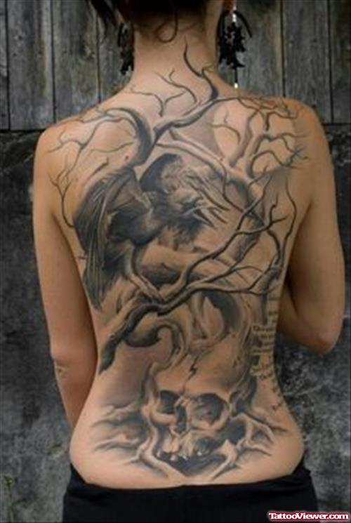 Grey Ink Graveyard Tattoo On Back For Girls