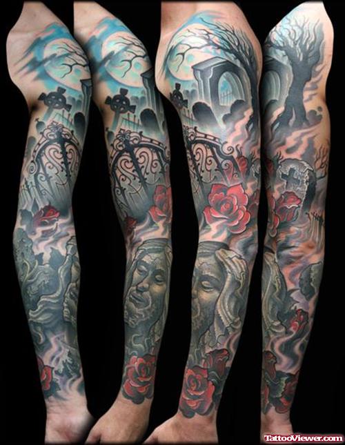 Full Sleeve Color Graveyard Tattoo