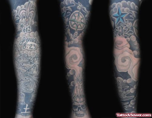 Crazy Grey Ink Graveyard Tattoo On Sleeve