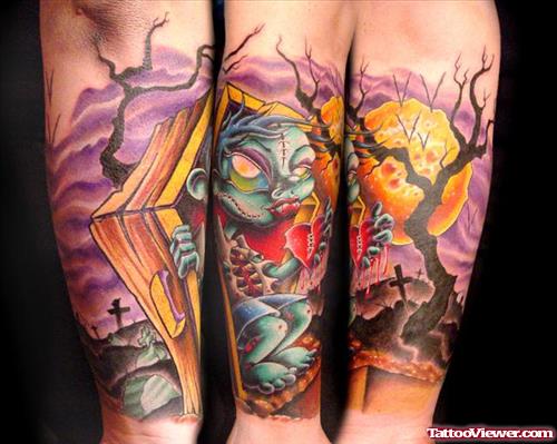 Colored Graveyard Tattoo On Sleeve