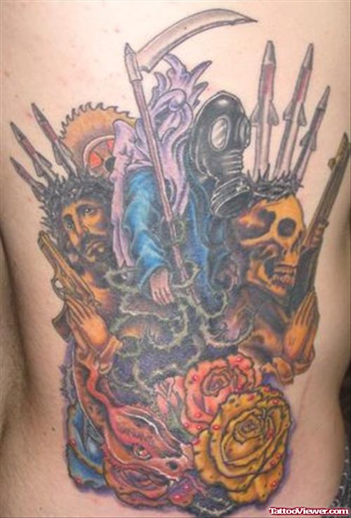 Colored Graveyard Tattoo On Rib Side