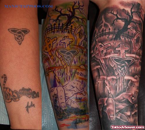 Awesome Grey Ink Graveyard Tattoo On Sleeve