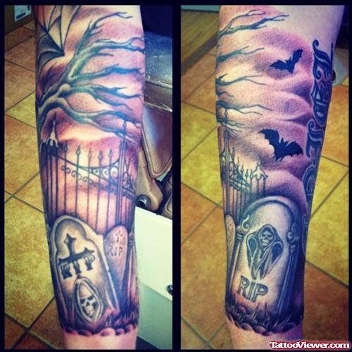 Awesome Graveyard Tattoo On Sleeve