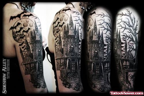Awesome Dark Ink Graveyard Tattoo On Sleeve
