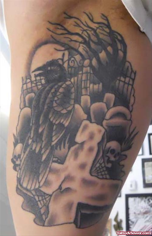 Attractive Grey Ink Graveyard Tattoo On Muscles