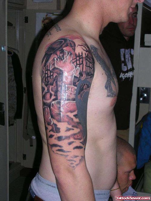 Amazing Grey Ink Graveyard Tattoo On Right Half Sleeve