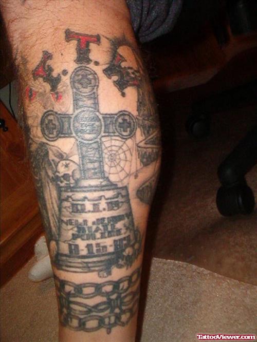 Amazing Grey Ink Graveyard Tattoo On Leg
