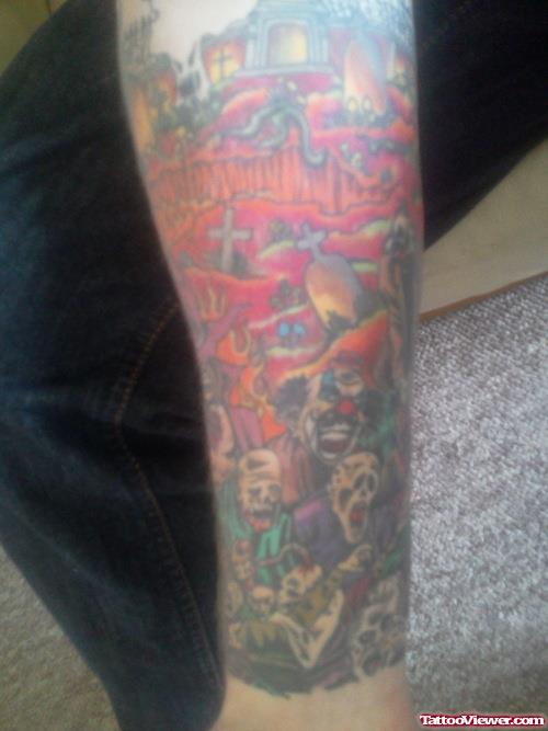 Amazing Color Graveyard Tattoo On Left Sleeve