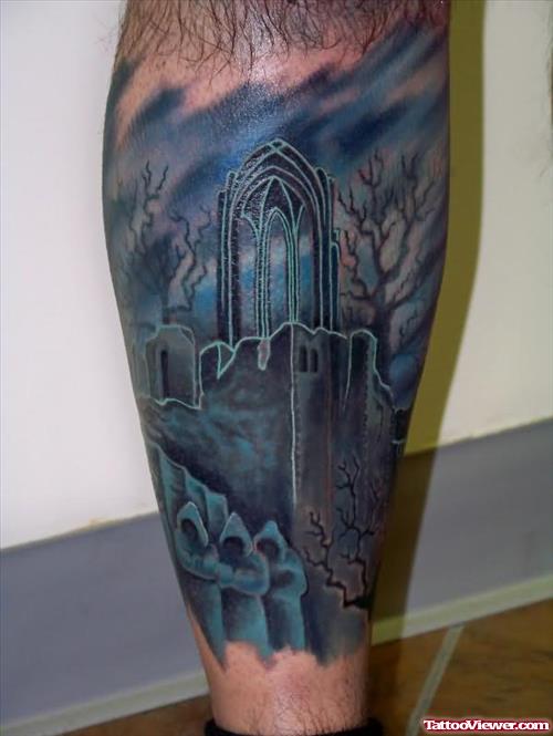 Graveyard Blue Ink Leg Tattoo