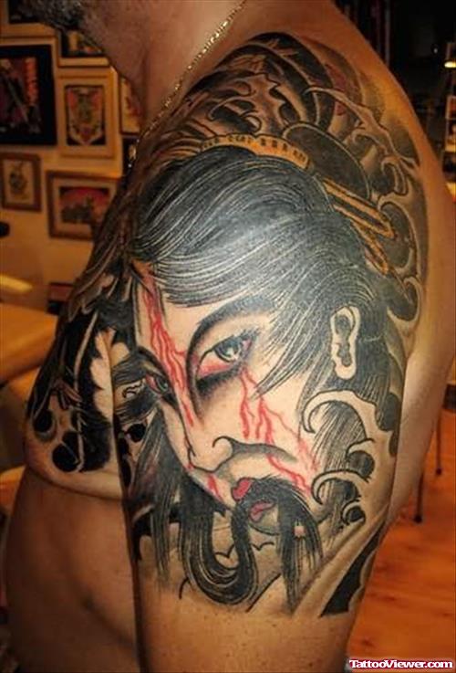 Asian Graveyard Tattoo On Shoulder