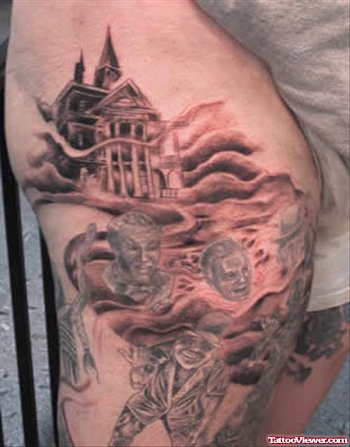 Graveyard Tattoo On Thigh