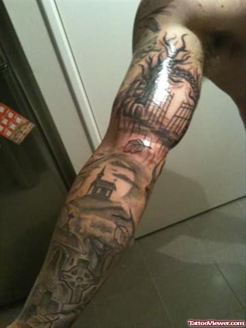 Lovely Graveyard Tattoo On Arm