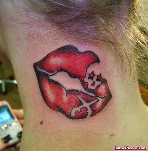 Graveyard Red Ink Tattoo On Neck