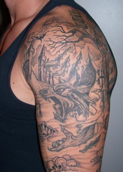 Amazing Grey Ink Graveyard Tattoo On Man Left Half Sleeve