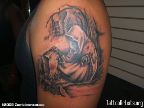 Awesome Grey Ink Graveyard Tattoo On Left Shoulder