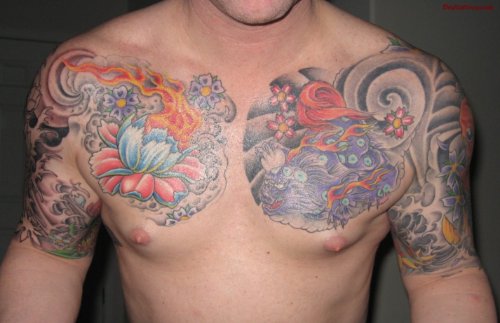 Color Graveyard Tattoos On Man Chest