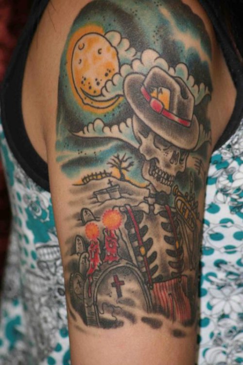 Awesome Color Ink Graveyard Tattoo Half Sleeve