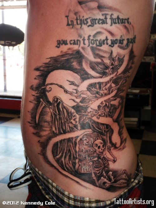 Grey Ink Grim Reaper Graveyard Tattoo On Side Rib