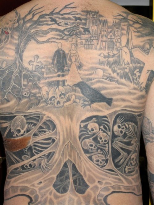 Amazing Grey Ink Graveyard Tattoo On Back