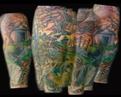 Colorful Zombie Graveyard Tattoo