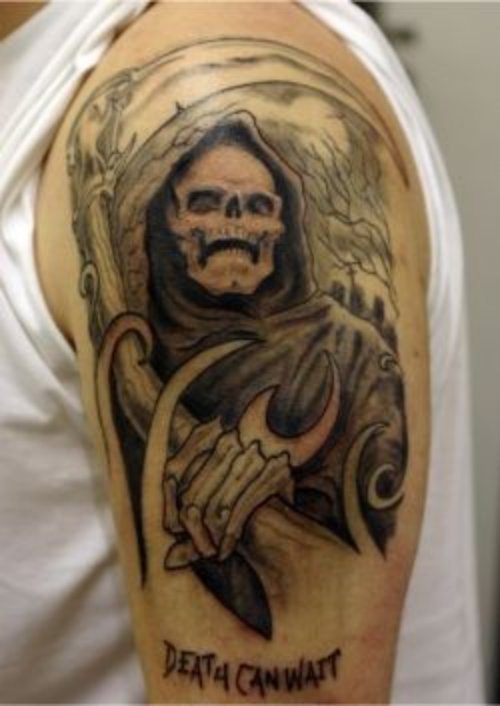 Grey Ink Grim Reaper Graveyard Tattoo On Half Sleeve