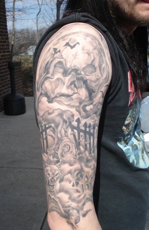 Grey Ink Graveyard Tattoo On Man Right Half Sleeve