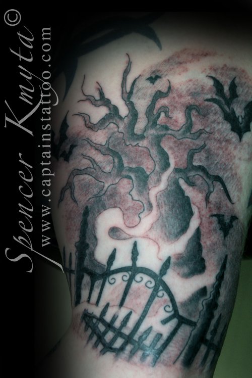 Cool Grey Ink Graveyard Tattoo On Left Sleeve