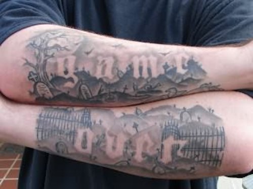 Grey Ink Graveyard Tattoos On Sleeve