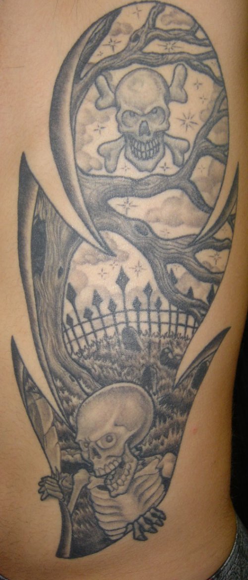 Grey Ink Graveyard Tattoo On Rib