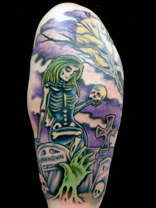 Colored Girl Skeleton Graveyard Tattoo