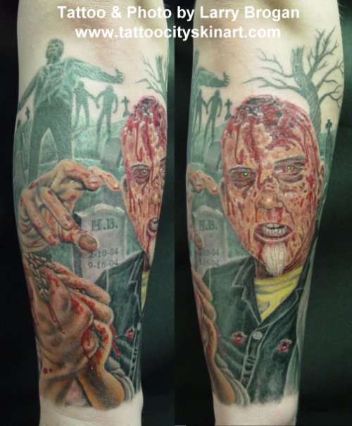 Amazing Color Zombie Graveyard Tattoo