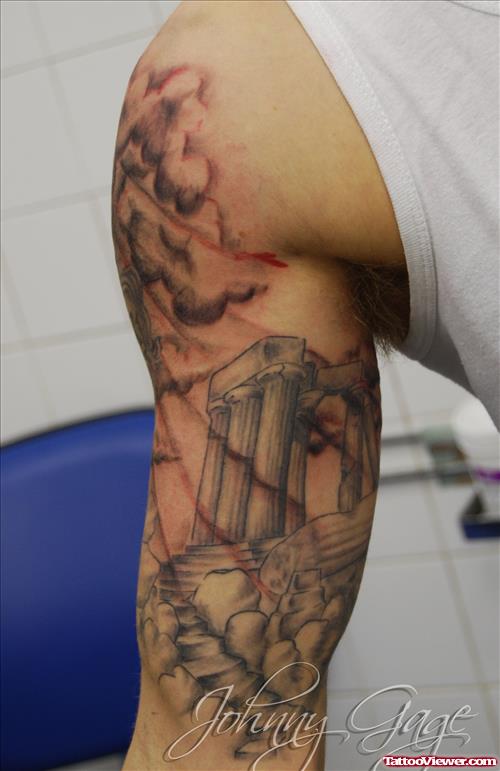 Wonderful Grey Ink Greek Tattoo On Man Right Half Sleeve