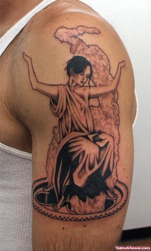 Awful Grey Ink Greek Tattoo On Left Half Sleeve