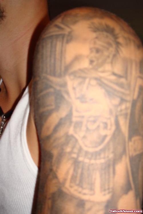 Awesome Grey Ink Greek Tattoo On Man Left Half Sleeve