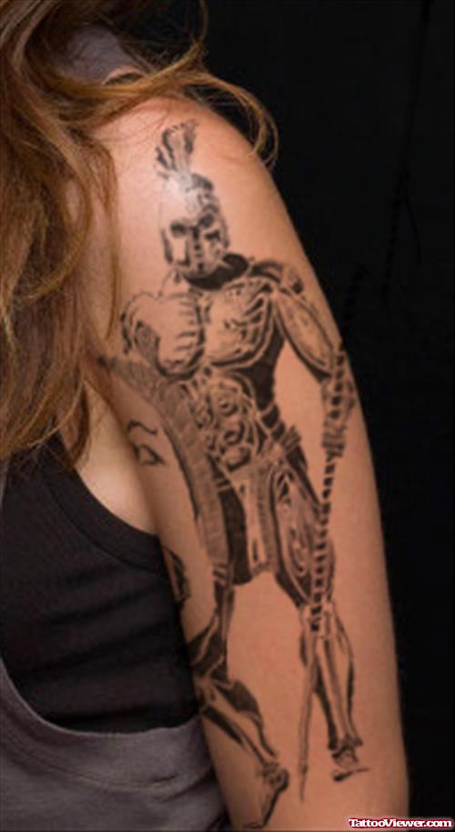 Wonderful Grey Ink Greek Tattoo On Left Half Sleeve