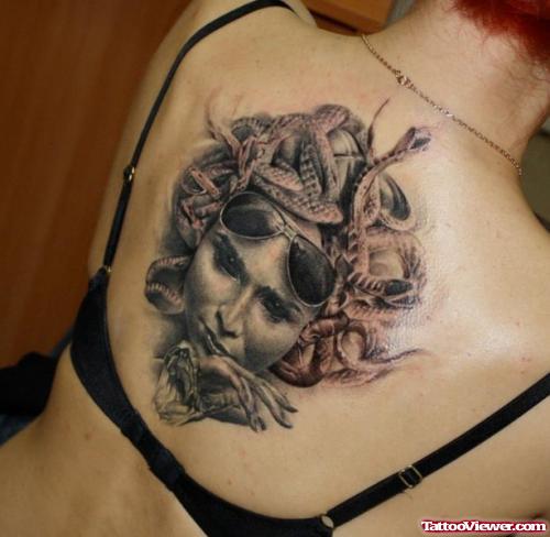 Medusa Greek Tattoo On Girl Upperback