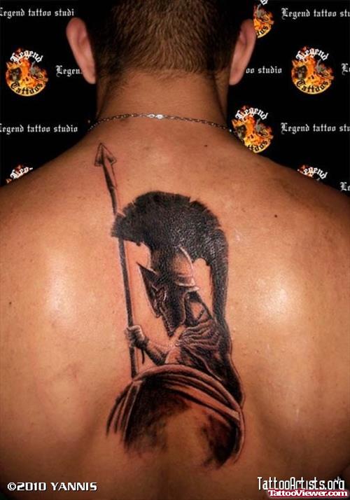 Grey Ink Warrior Greek Tattoo On Back