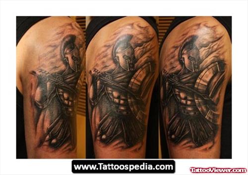 Grey Ink Rigt Half Sleeve Greek Tattoo