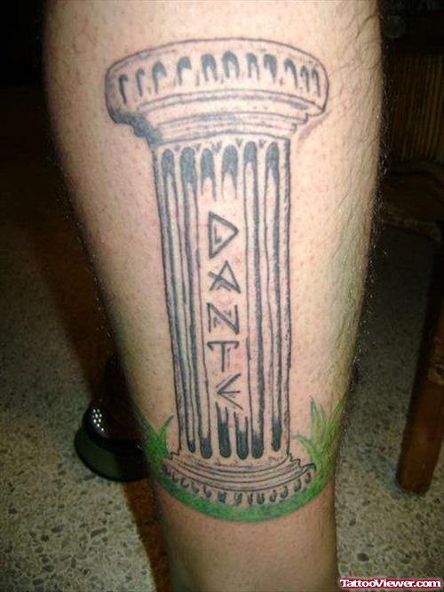 Left Leg Grey Ink Greek Tattoo