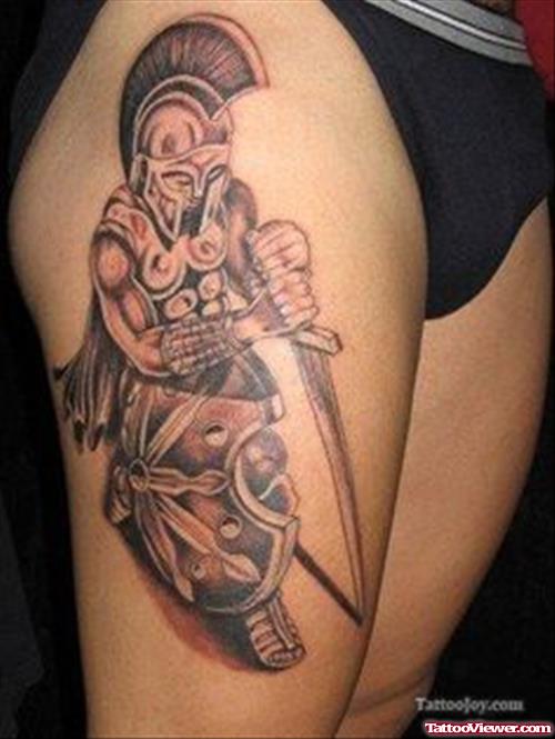 Grey Ink warrior Greek Tattoo On Right Thigh