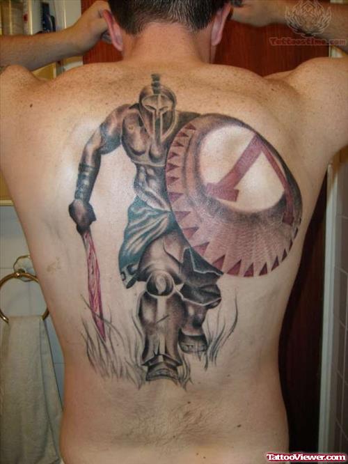 Grey Ink Spartan Warrior Greek Tattoo On Back