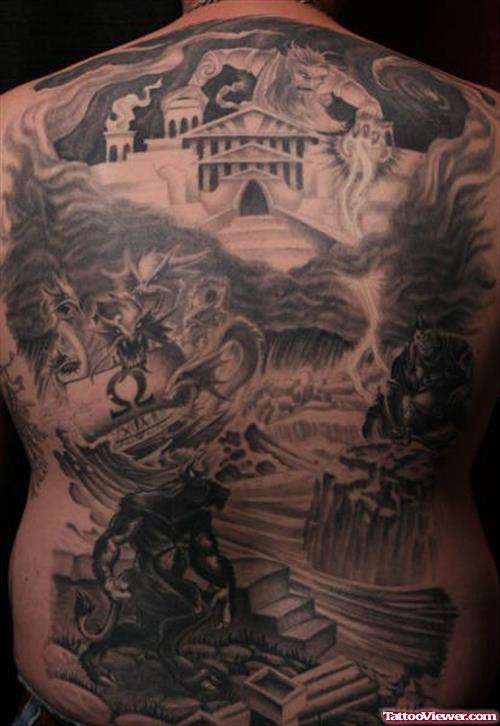Grey Ink Greek Tattoo On Man Back Body