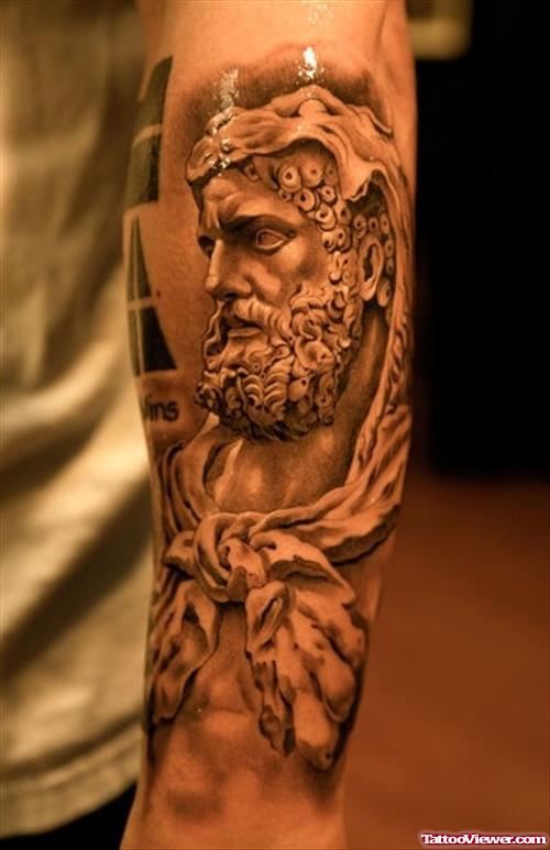 Grey Ink Greek Tattoo On Left Sleeve For Men