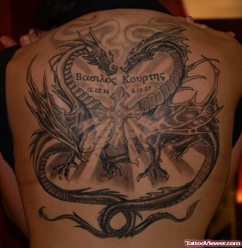Grey Ink Greek Dragon Tattoos On Back
