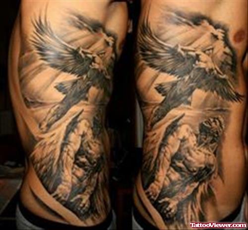 Grey Ink Flying Angel Greek Tattoo On Side Rib