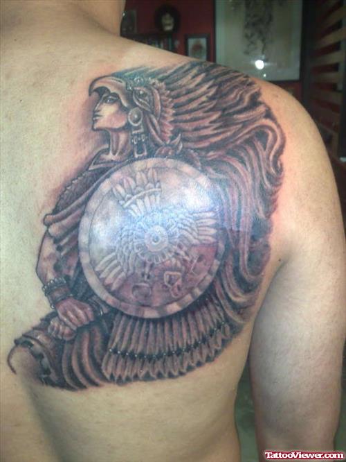 Greek Warrior Tattoo On Right Back SHoulder