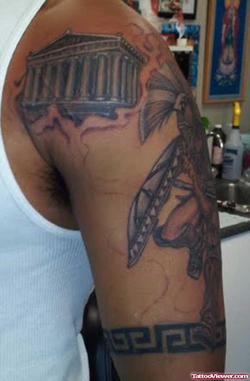 Greek Tattoo On Man Right Half Sleeve
