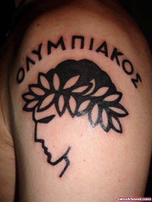 Black Ink Greek Tattoo On Left Shoulder