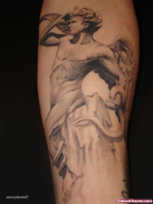 Awesome Grey Ink Greek Tattoo On Left Sleeve